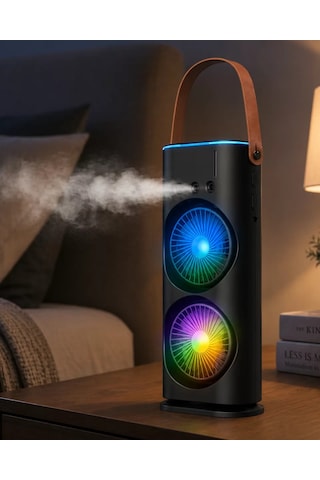 Usb Şarjlı Çift Başlıklı Buharlı Masaüstü Fan Sessiz Serinletici Işıklı Fan