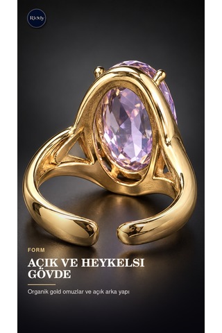 Riody Aube Violette Gold Kaplama Doğal Lila Kedi Gözü Taşlı Açık Form Kadın Yüzük Altın Sarısı
