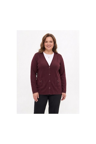 Onno Style Women Cebi Kelebek Taşlı Çelik Örgü Klasik Triko Ceket Bordo