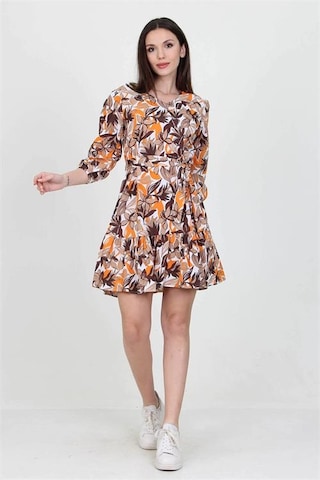 Neşeli Butik Kadın Camel V Yaka Bağlama Detaylı Çiçekli Mini Elbise Nb10029 Camel