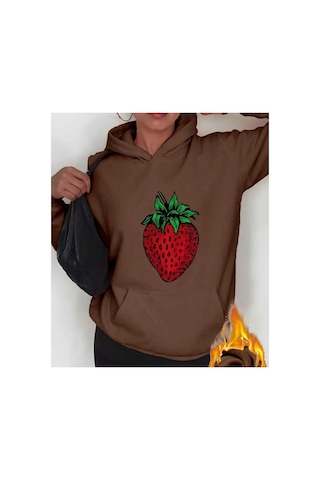 Herkesemoda Çilek Baskı Detaylı Kapüşonlu Sweatshırt Kahverengi
