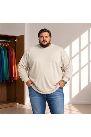 Sngl Tekstil Erkek Büyük Beden Oversize 20/1 Penye Uzun Kollu Sweatshirt Ekru