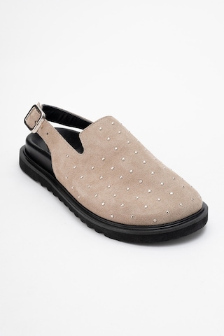 Luvishoes Luvi Shoes Our Bej Hakiki Deri Süet Zımbalı Burnu Kapalı Kadın Sandalet Süet Bej