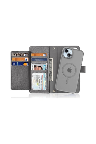 İphone 15 Plus Kılıf Dux Ducıs Lawa Serisi Ayrılabilir Manyetik Dana Derisi Deri Kapak Fermuar Çok Renkli