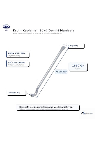 Krom Kaplamalı Sökü Demiri 45cm 60 Cm 75 Cm Kancalı Manivela Levye 0,75