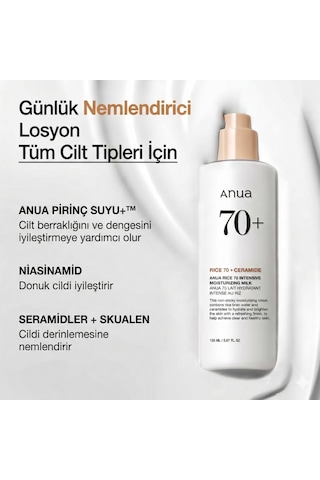 Anua Rice 70 Yoğun Nemlendirici Süt, Nemlendirici Yüz Losyonu, Niasinamid, Seramidler, Tüm Cilt Tipleri, Hassas Ciltler, Cilt Nem Bariyeri, Hafif Besleyici, Kore Cilt Bakımı, 150 Ml.