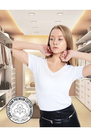Alya Underwear V Yaka Kaşkorse Kumaşlı Kısa Kollu Bluz, Esnek Ve Pamuklu Kumaş Badi, Bej Kemik Body Beyaz