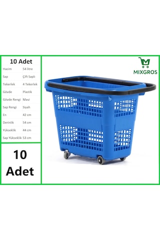 Tekerlekli Plastik Market Alışveriş El Sepeti 54 Litre Mavi 10 Adet