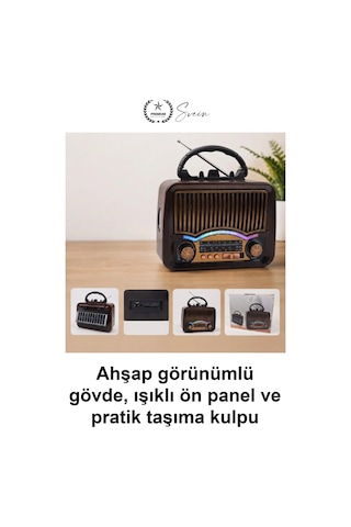 Retroradyo Solar Nostalji Müzik Kutusu Şarjlı Fm Radyo Bluetooth Hoparlör Usb Tf Kart Destekli Ahşa