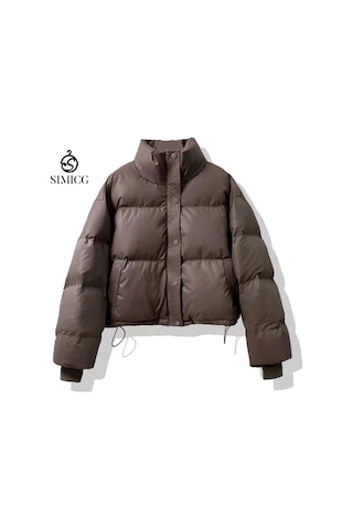 Yeni Kışlık Yıkanmayan Deri Kısa Kalınlaştırılmış Kadın Pamuklu Mont Kahverengi