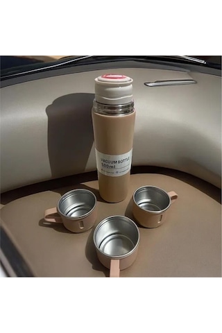 Kişiselleştirilebilir 3 Bardaklı Çelik Termos 05 Lt Kahverengi Kahverengi