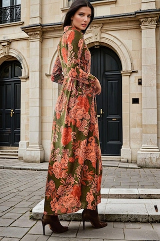 Haki Gömlek Yaka, Çiçek Desenli, Kuşak Detaylı, Uzun Elbise Haki