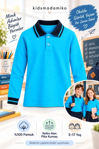 Kidsmadamiko Kız Çocuk Çocuk Uzun Kollu Polo Yaka %100 Pamuk Pike Okul Turkuaz