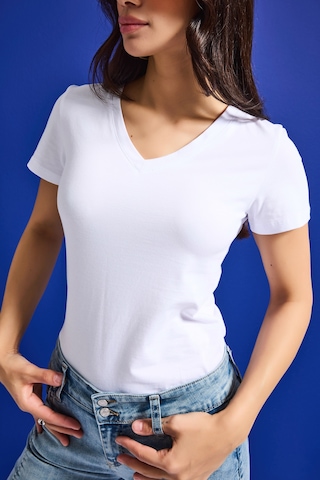 Itsbasic Kadın Beyaz S6-2 V Yaka %100 Organik Pamuk Esnek Kumaş T-shirt