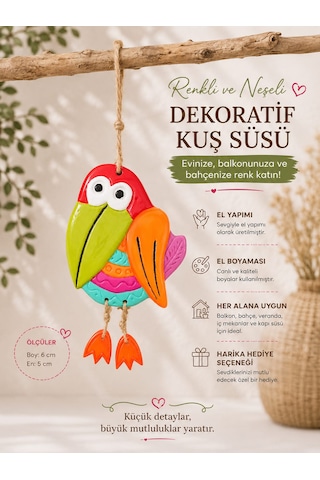El Boyaması Kuş Duvar Süsü Balkon Ve Bahçe Dekoru Jüt İpli Asılabilir Dekoratif Süs 15x13 Cm Kırmızı