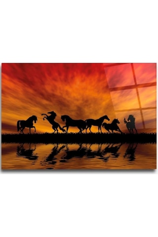 Kızıllıkta Siyah Atlar Cam Tablo