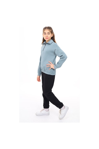 Toontoy Kids Toontoy Kız Çocuk 2'li Takım Baskılı Balıkçı Yaka Fermuarlı Sweatshirt & Beli Paçası Lastikli Cepli Jogger Eşofman Altı - Renk Bloklu 3 İplik Şardonlu Mint
