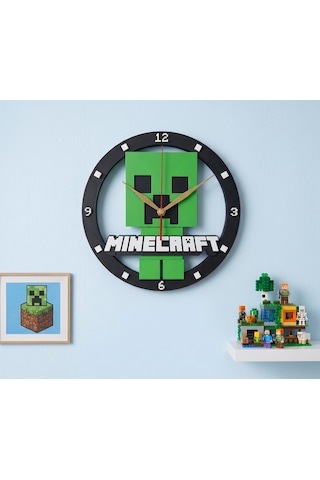Minecraft Creeper Tasarımlı Çocuk Odası Duvar Saati 21x21 Cm - Dekoratif Sessiz Quartz Akar Akar Mekanizmalı Saat