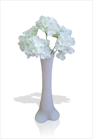 Uzun 60 Cm Beyaz Konik Vazo Ve Ortanca 50 Cm Kaliteli Yapay Çiçek