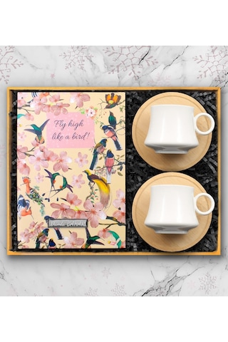 Kişiye Özel Kuş Motifli Defter & 2'li Bambu Altlıklı Beyaz Türk Kahve Fincanı Hediye Seti