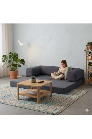 Herev 160x80 Sünger Koltuk İki Kişilik Kanepe Yataklı Yıkanabilir Kadife Kumaşlı Antrasit