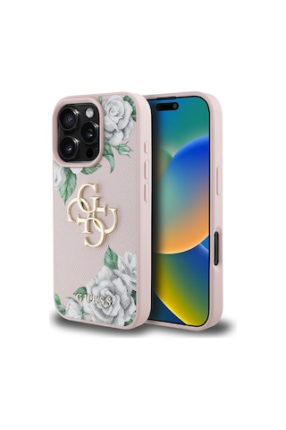 Apple Uyumlu iPhone 16 Pro Max Kılıf Guess Lisanslı Beyaz Gül Baskılı Büyük 4g Metal Logolu Kapak Pembe
