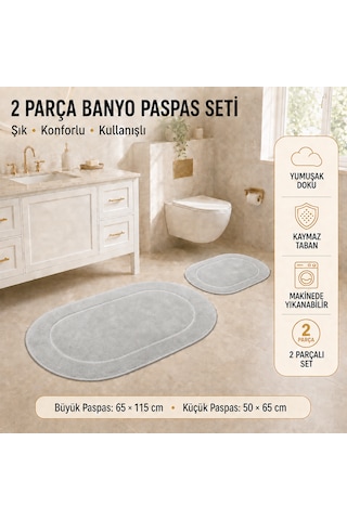 Rixos 2'li Banyo Halısı Paspası Seti Kaymaz Tabanlı Klozet Takımı Açık Gri