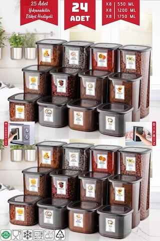 Nandy Home Etiketli Ekonomik Kırılmaz Saklama Kabı Seti Antrasit 24'lü 1.75 - 1.2 - 0.55 L Antrasit