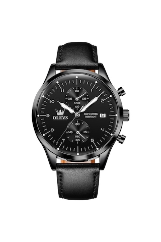 Olevs 2880 Erkekler Çok Fonksiyonlu İş Su Geçirmez Deri Kayış Kuvars İzle Siyah
