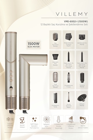 12 Si 1 Arada Çok Başlıklı Saç Kurutma Ve Şekillendirme Seti 1500 W Bldc Motor -vme-6002-ı Bej