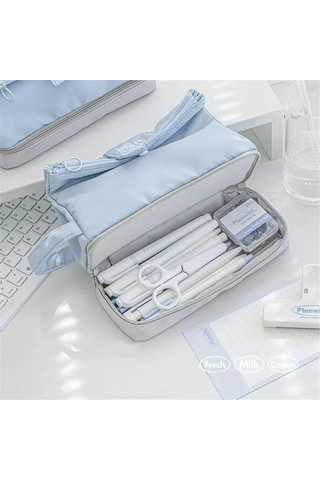 Aubyhe Geniş Kabinli Kumaş Kalem Kutusu, Çok Bölmeli, Dikey Fermuar İle Genişletilebilir, Öğrenci Okul Malzemesi, Seyahat/makyaj Kutusu - Lacivert Blue