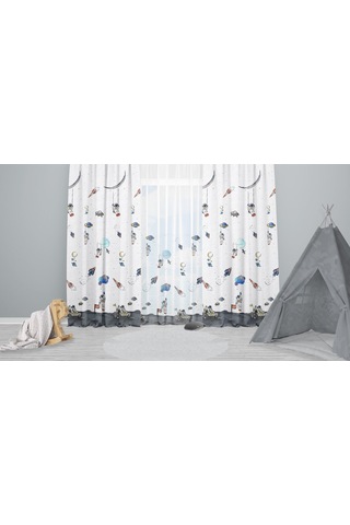 Uzay Gemisi - Gemici Gemi - Balonlu - Elisa Prenses Desenli Renkli Çocuk Odası Fon Perde Çok Renkli