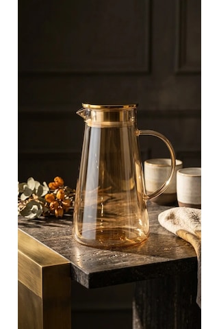 Premium Borosilikat Cam Gold Sürahi 1.9 L Isıya Dayanıklı Çay & Detoks Sürahisi