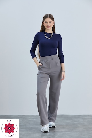 Kadın Gri Cırt Cırtlı Kapama Rahat Palazzo Likralı Esnek Beli Lastikli Pantolon Yüksek Bel Gri