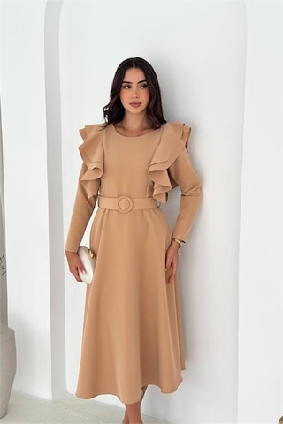 Neşeli Butik Kadın Kol Fırfırlı Kemerli Midi Boy Elbise Nbk4309 Bej