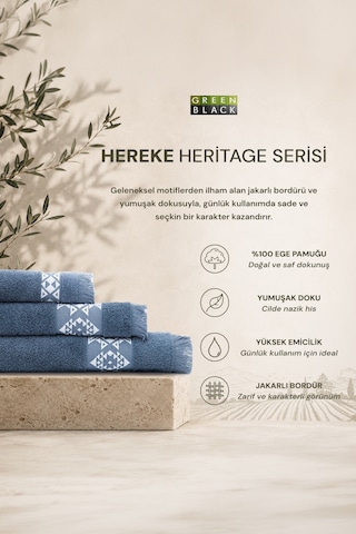 Hereke Heritage Serisi 3 Lü Havlu Seti Krem Bordürlü Koyu Mavi, %100 Ege Pamuğu, Jakarlı Dokuma, 3 Parça Havlu Seti
