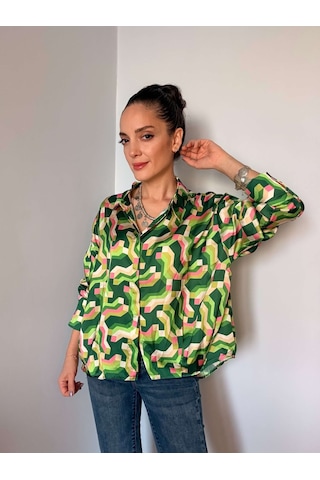 Ali Butik Retro Yeşil Desenli Saten Gömlek Yeşil