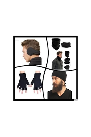 Fonem Erkek Bere Kışlık Sade Set Bere +Polar Bere+ Boyunluk +Kulaklık + Kesik Parmak Eldiven Siyah