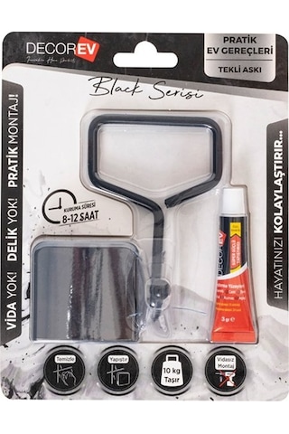 Askılık Tekli Siyah metal Havluluk Yapışkanlı Siyah
