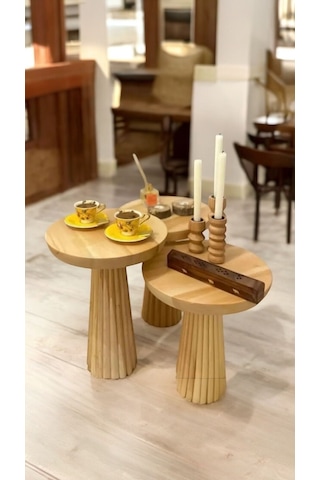 3'lü Vernikli Ahşap Yan Mantar Sehpa