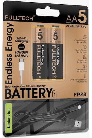 Exenar - Siyah - Şarjlı Kalın Kalem Pil Aa Şarj Edilebilir Pil 1.5v 2800mwh Lityum-ion Kalın Pil Aa 5 Type-c Şarjlı