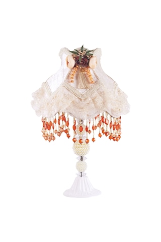 Kahverengi Çiçek Dekorlu Abajur Beyaz Klasik Model Vintage