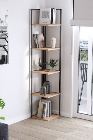 Bofigo 5 Raflı Metal Köşe Kitaplık Rafı Dekoratif Aksesuar Rafı Selanik 180 Cm Çam