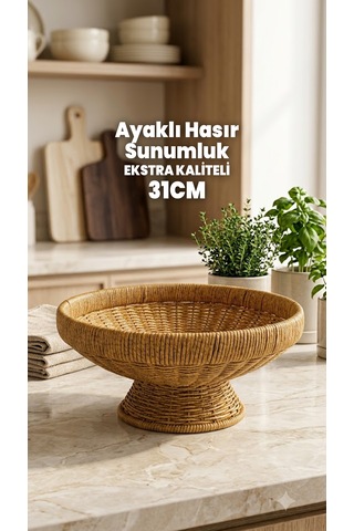 31cm Ayaklı Sunumluk - Dekoratif Meyvelik Çerezlik - Rattan Kase Tabak Sepet - Ekstra Kaliteli Çelik Hasır 31 X 12