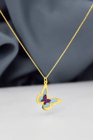 925 Ayar Gümüş Gold Kaplama Rüya Serisi Cam Boyalı İç İçe Kelebek Kolye