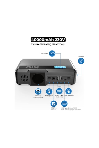 Bix 40000mAh 230V 100W Inverter Powerbank 2*USB 1*Type-C PD Çıkışlı LED Işıklı Şarj İstasyonu