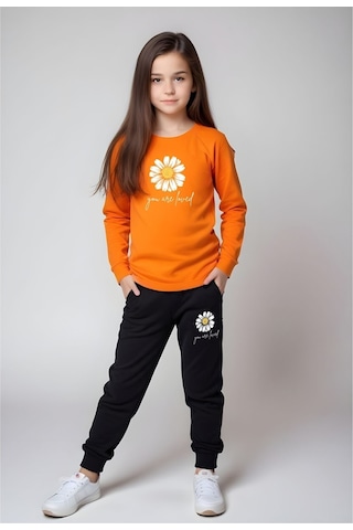 Fyk Kids Bel Detayı Lastikli Baskılı Kız Çocuk Alt-üst Takım Turuncu