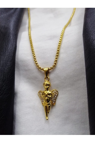 Taşlı Gold Melek Kolye Altın