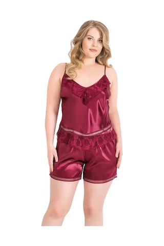Veraura Lifestyle Kadın Büyük Beden Bordo Saten Babydoll Şort Takımı