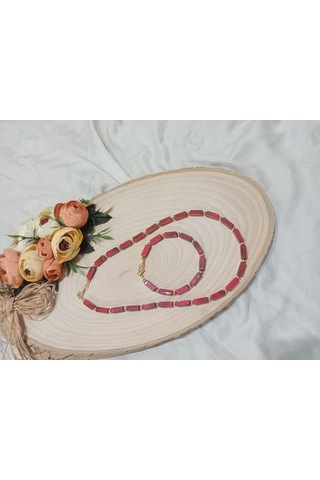 Kırmızı Kolye Ve Bileklik Takı Seti Kırmızı